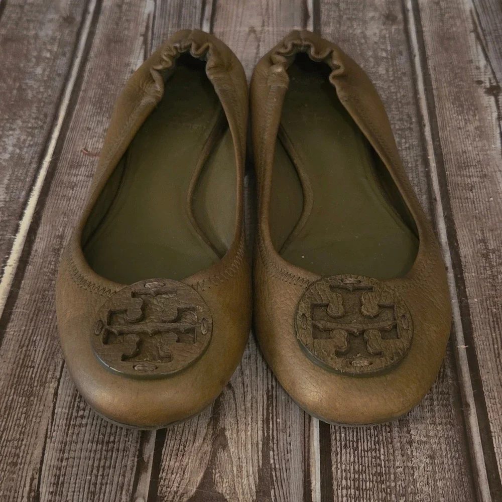 Sz 8 M Tory Burch Reva Olive Green Leather Comfort Ballet Flats Shoes VGUC